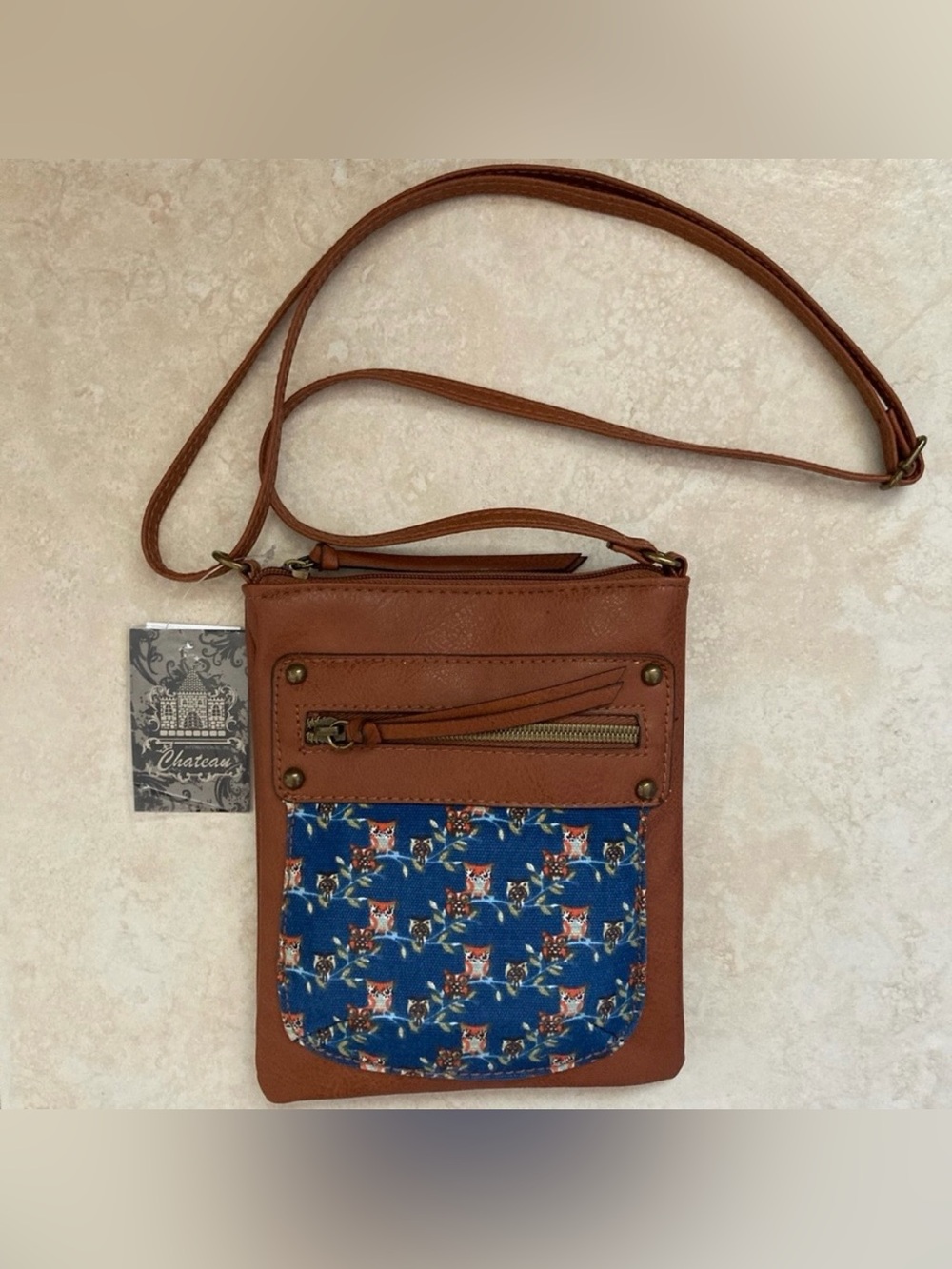 *BRAND NEW* Chateau Brown Owl Print Blue Purse Tan Faux Leather Crossbody Bag